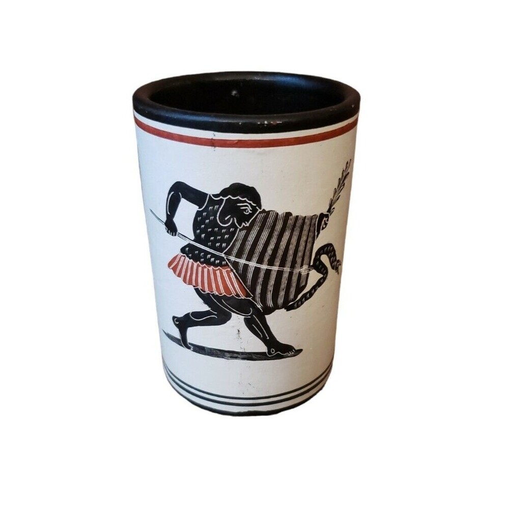 Greek Pottery Cup Small Handmade Greece No.12 Warrior Snake Spear Feather No Lid